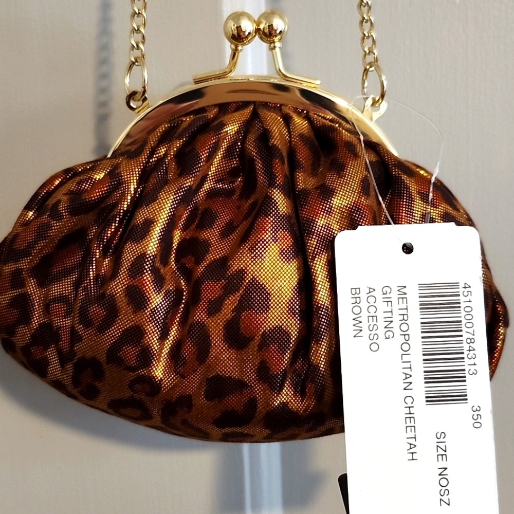 CHICO'S Leopard Print Clutch with Gold Chain